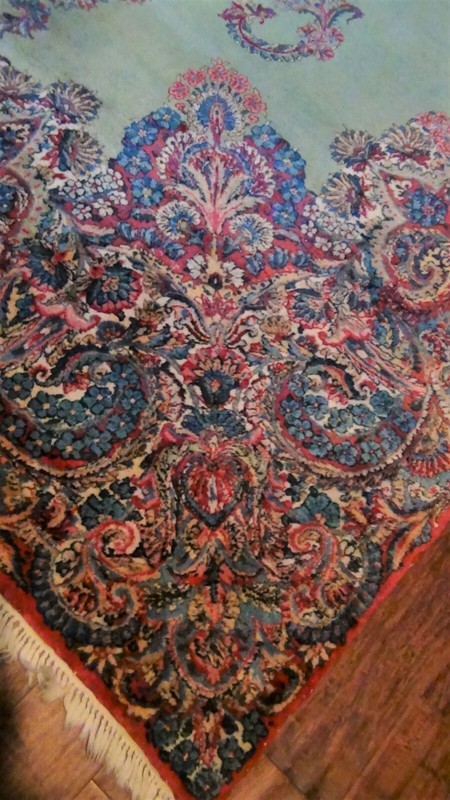 SEMI ANTIQUE KIRMAN ORIENTAL RUG 9'9" x 14'6" GREEN FIELD W/ FLORAL BORD gallery