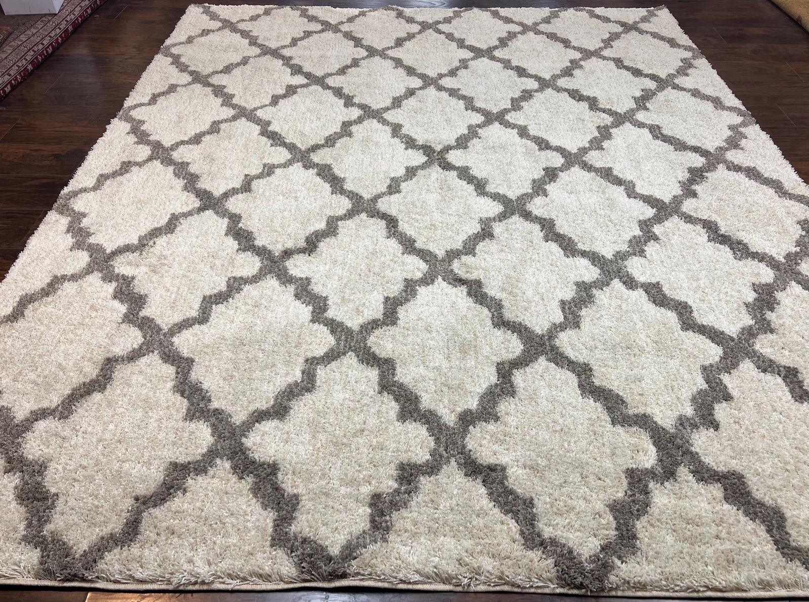 Modern Shag Rug Ivory and Gray Diamond Panel Design Room Sized Area Rug gallery