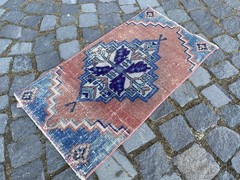 Vintage Oushak Rug, Hand-Knotted Wool, Salmon Blue Muted Boho Accent Rug