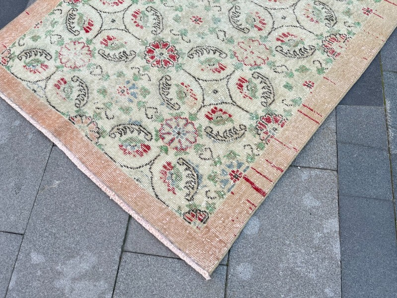 Vintage Turkish Oushak Rug 3.9x6.8 ft Beige Peach Distressed Wool Boho gallery