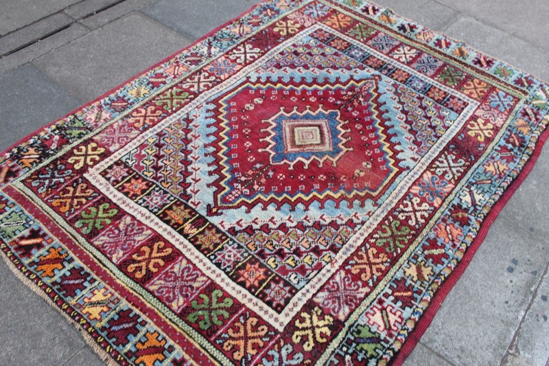 Vintage Worn Hand Made Traditional Oriental Wool Red Blue Large Rug 212x151cm gallery