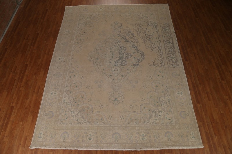 Vintage Muted Beige Distressed Tebriz Living Room Rug 10x13 Wool Hand-made Rug gallery