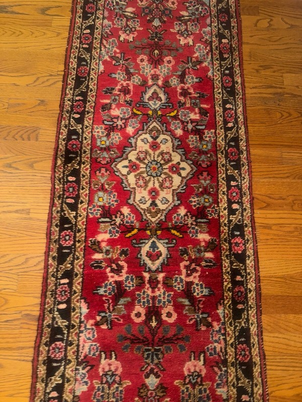 Vintage Handmade Hand-Knotted Wool Runner Rug Red Floral 2’3½” × 8’4” gallery