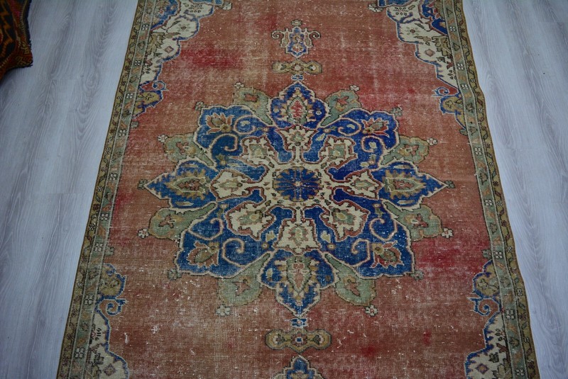Antique Red Handmade Rug, 5.1x10.2ft, Blue Turkish Vintage Medallion Area Rug, gallery