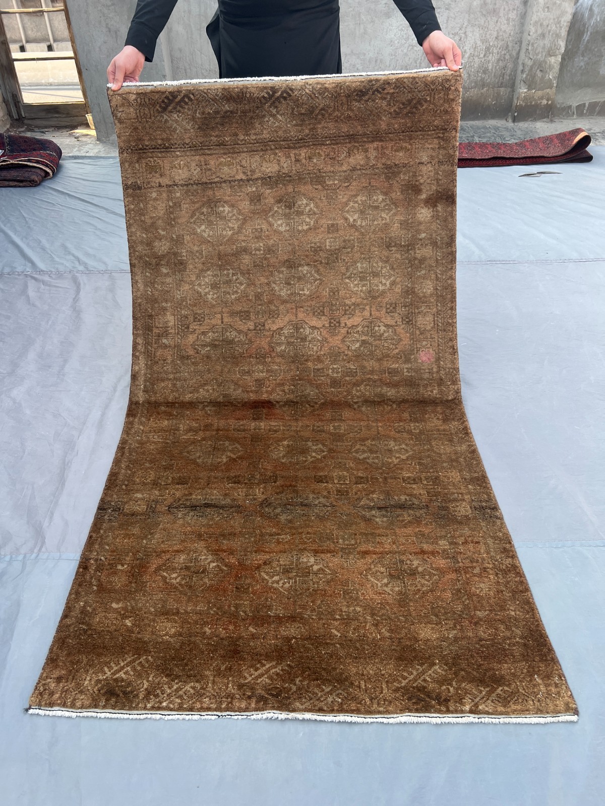 3'4x6'1 Antique Afghan Rug Hand Knotted Wool Distressed Terracotta Hallway Rug gallery
