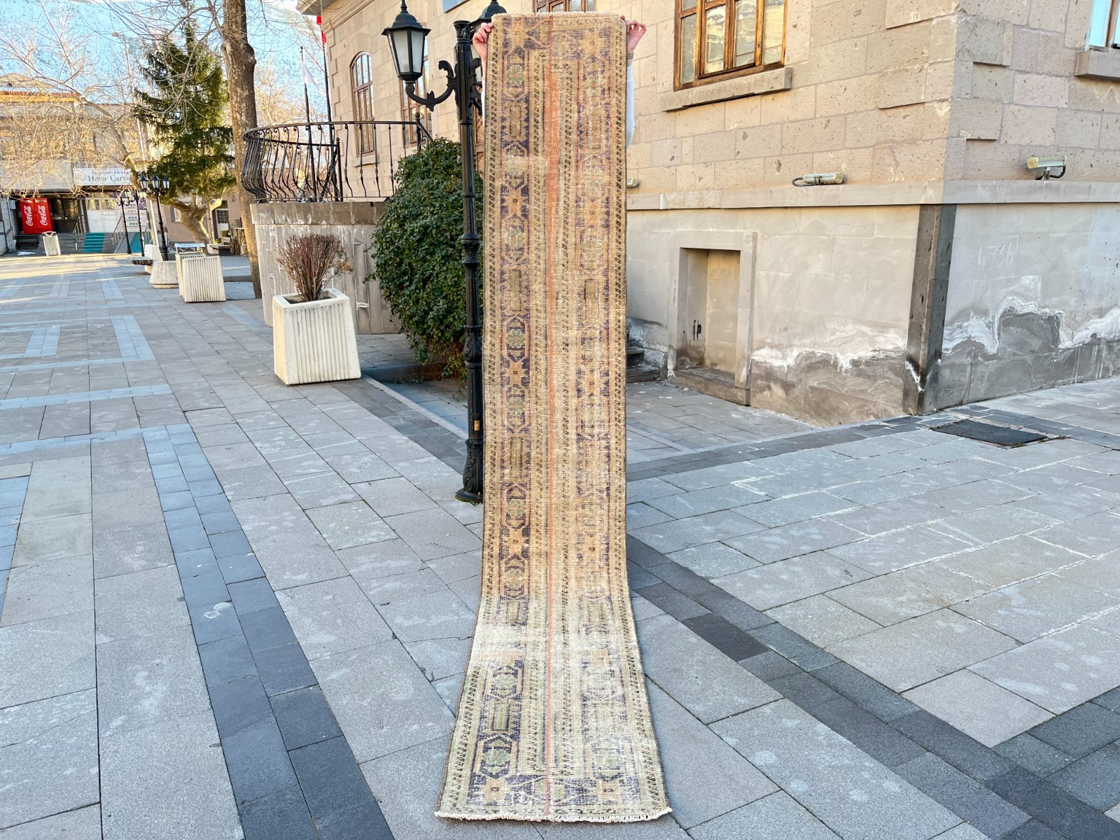 Vintage Turkish Oushak Runner Rug 1.8x11.4 ft Hand-Knotted Beige Indigo Wool gallery