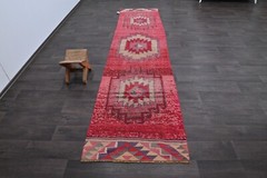 Vintage Turkish Runner Rug 3x12ft Wool Anatolian Handmade Hallway Oushak PINK