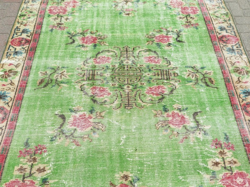 Vintage Turkish Handmade Carpet, Green Distressed Large Floor Boho Rug 75"x111" gallery