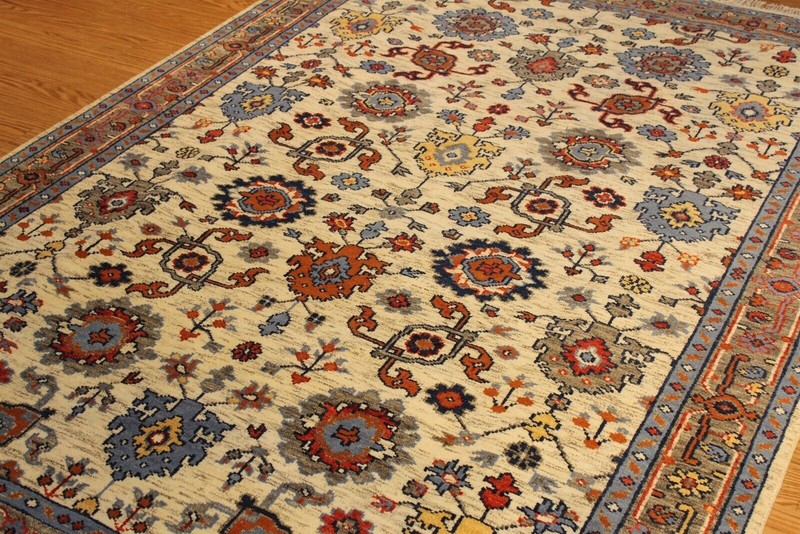 Handmade Wool rug. Beige Background, 6' x 9' red, blue, cream ivory Pm75 gallery