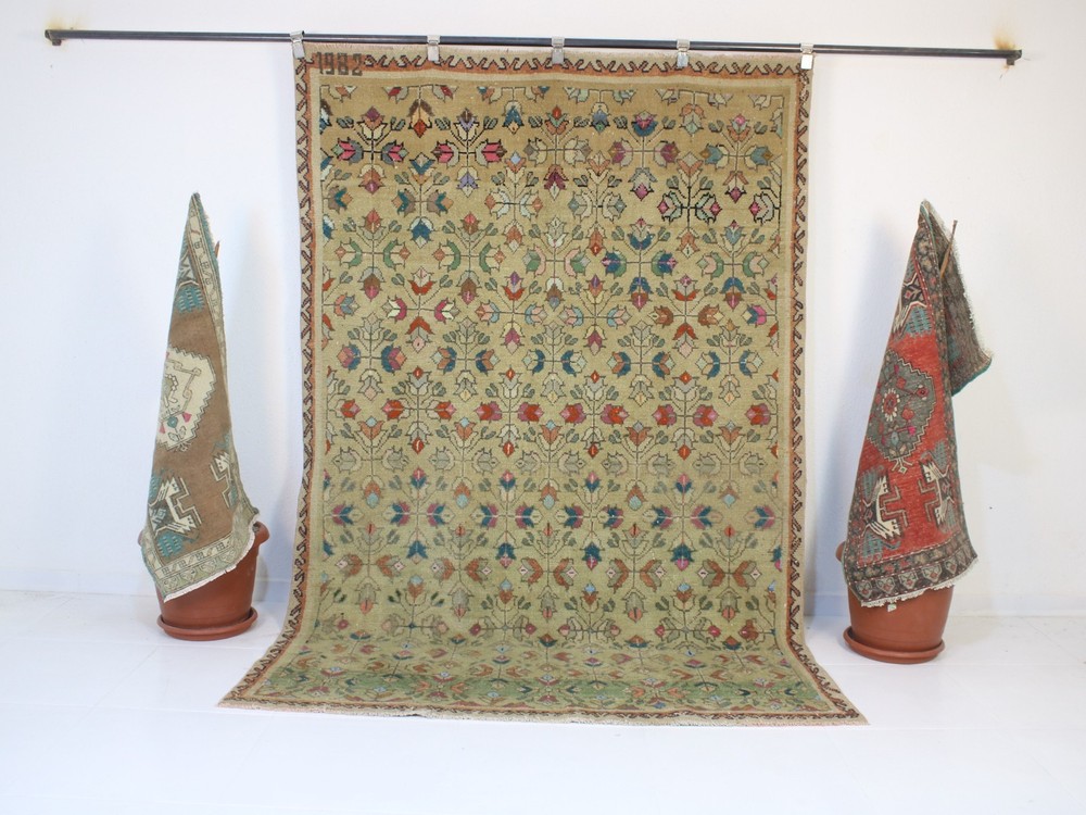 Vintage Hand Knotted Area Rug Green Beige Cream Distressed Wool Carpet 5x8 ft