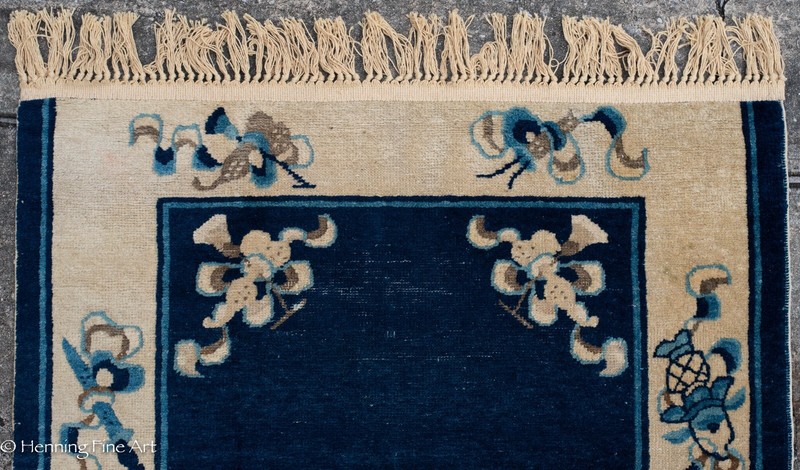 Beautiful Antique Oriental Rug Blue & Cream Design w/ sword, Measures 67 x 37 gallery
