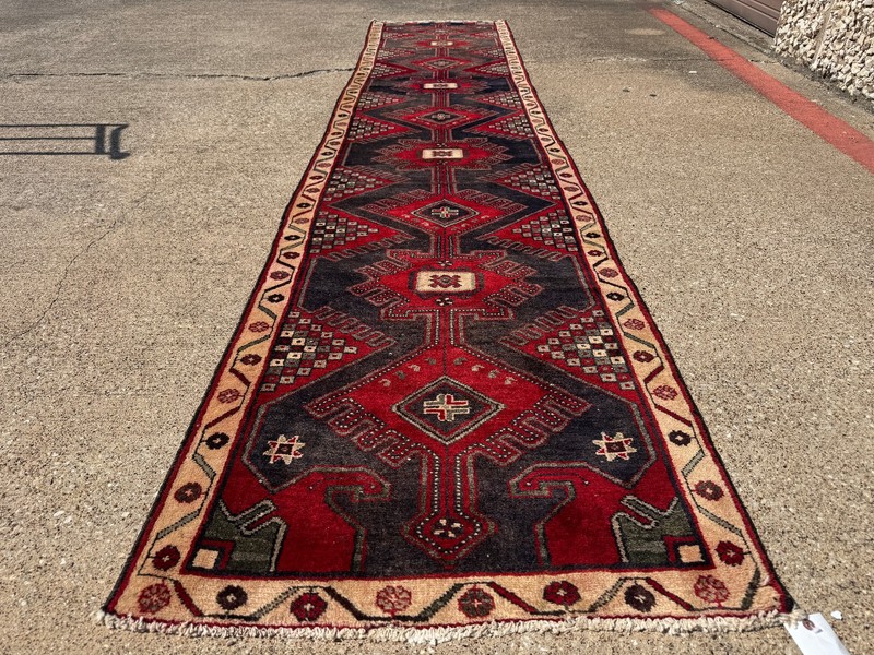 ANTIQUE HERIZ RUNNER RUG 2x13 handmade VINTAGE long geometric blue real old 3x13 gallery