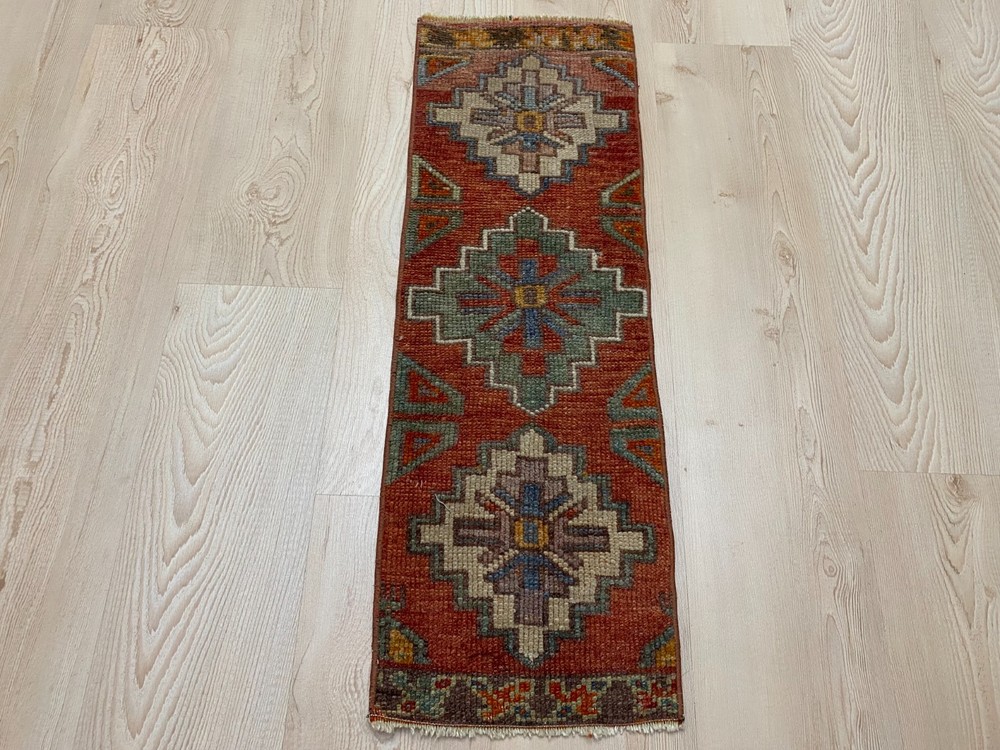 Vintage Turkish Small Rug Handwoven Geometric Wool Carpet 1x2.9 ft