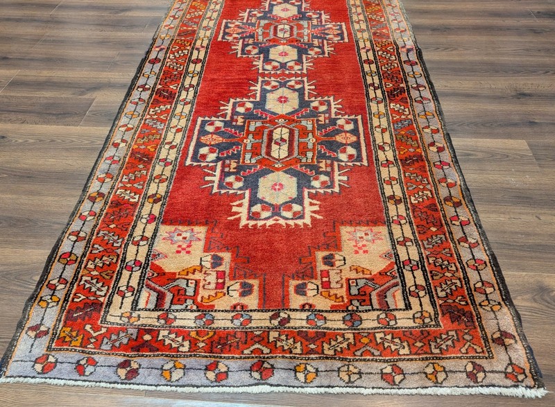 Per'sian Karajeh Heriz Runner 4x12, Geometric Medallions, Terracotta Red gallery