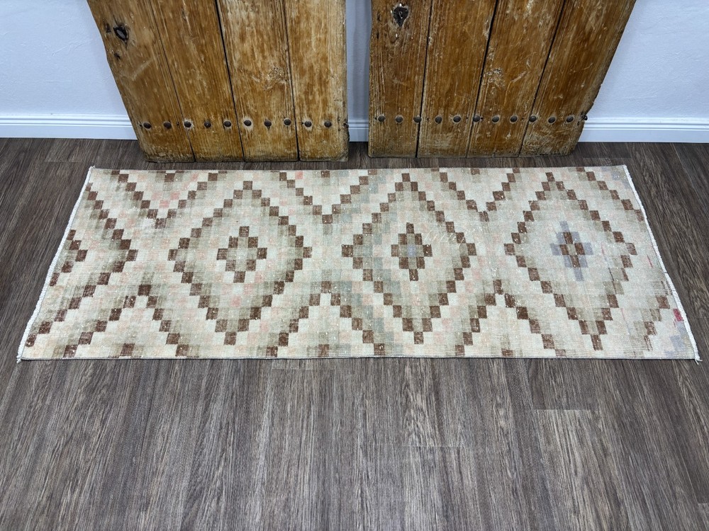 3x7 Vintage Turkish Runner, Hand-Knotted Beige Brown Pink Oushak Hallway Rug