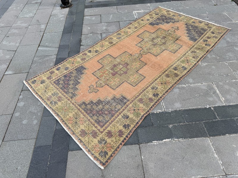 Handmade Oushak Rug 4.5x8.6 Ft Peach Blue Vintage Turkish Wool Area Carpet gallery