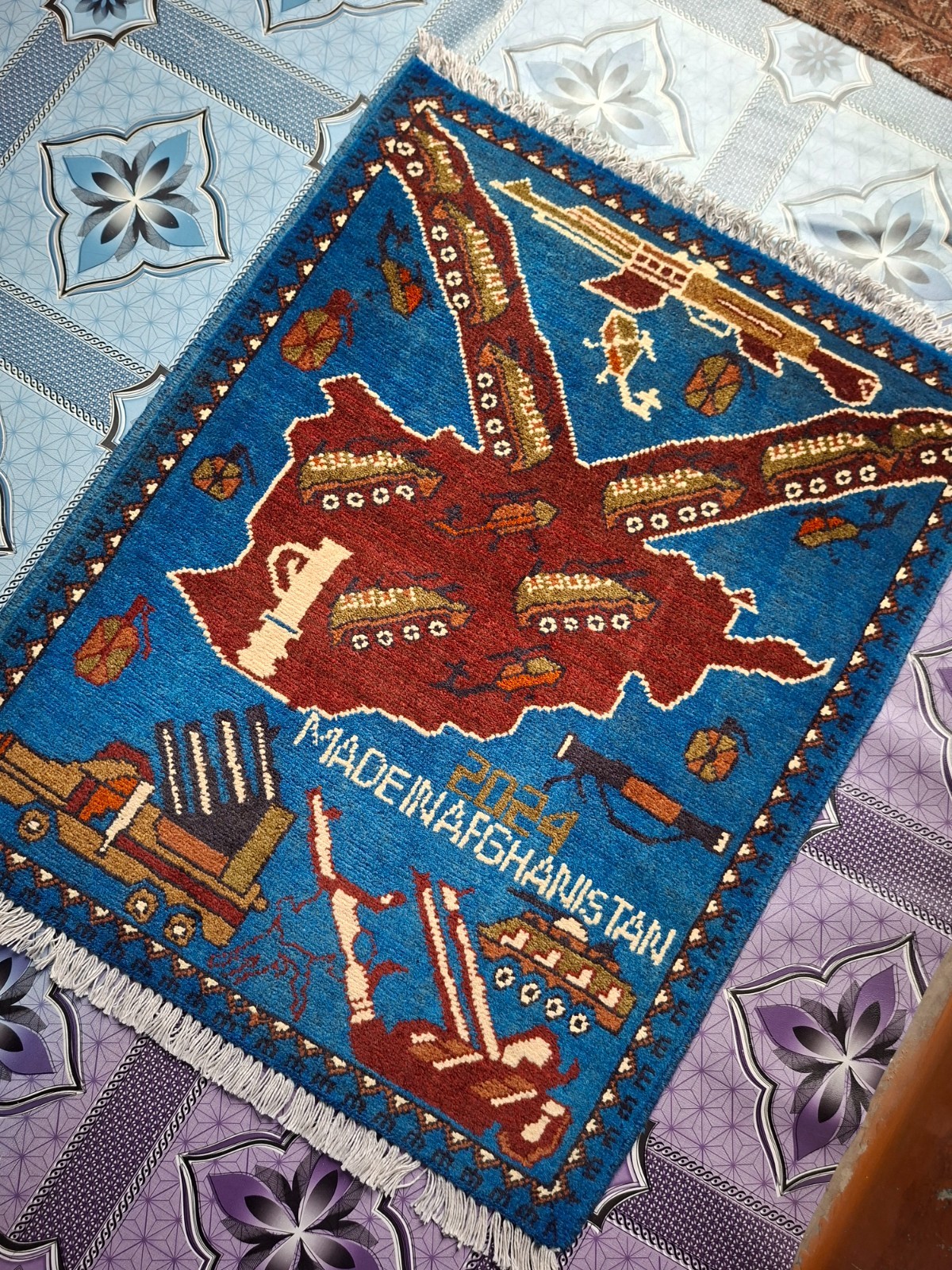 M131 Vintage Afghan War Rug 9/11 Handmade Wool Pictorial Tribal Rug 79 ×64 Cm gallery