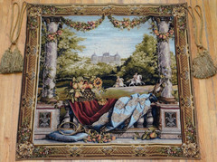 French Wall Hanging Tapestry Beautiful Royal Residence Scene w/Tassels 58″x58″