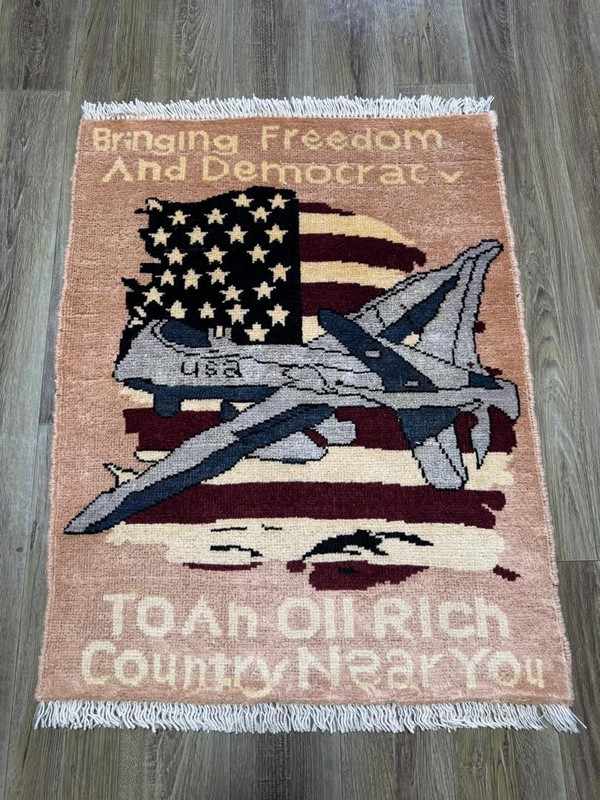Opium, AK47, 9/11, drone, Palestine USA, Afghan war rugs, hand made carpets, s19 gallery