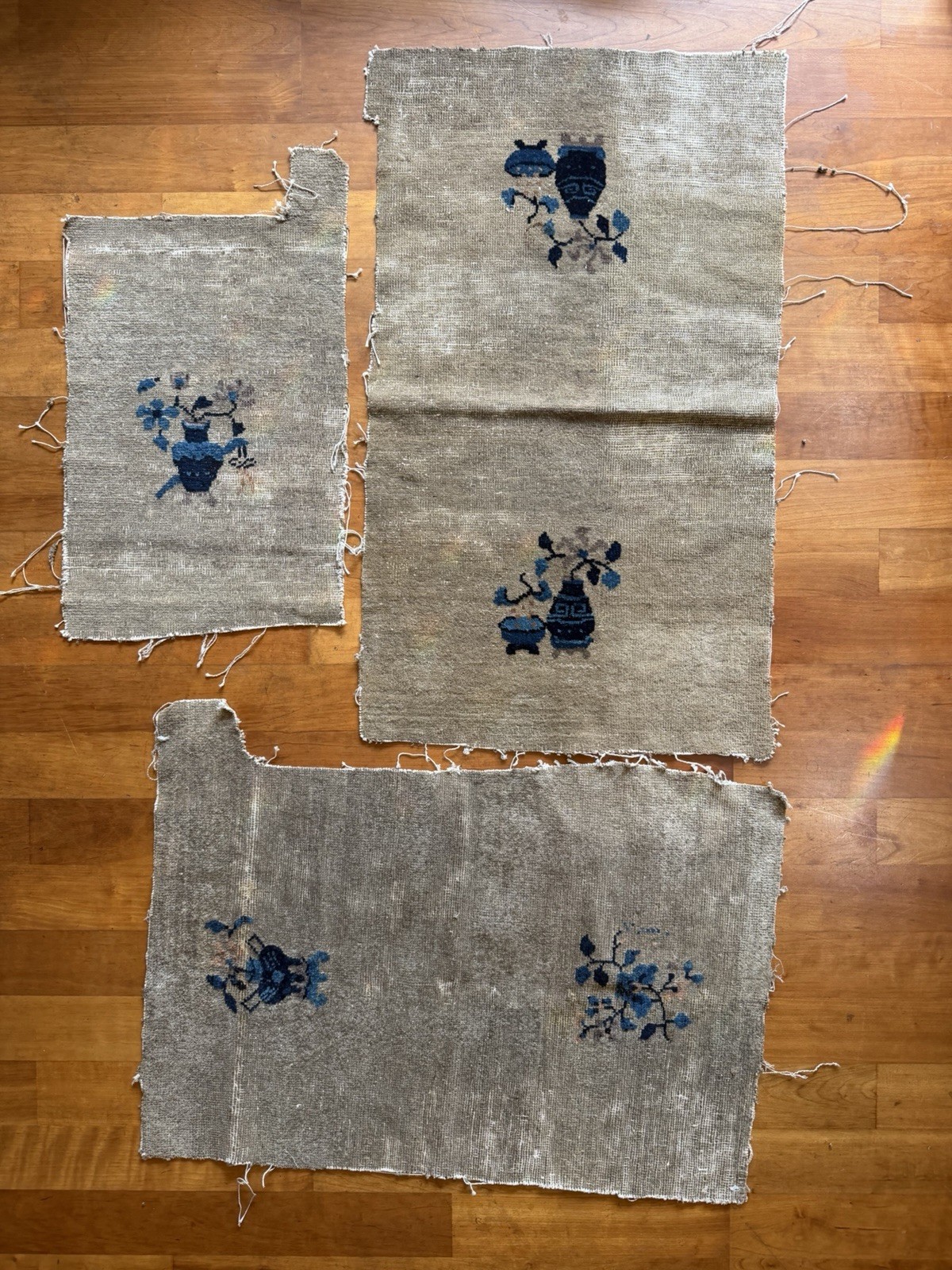 3 pieces of antique rug fragment 39”x23”, 35”x23”, 23”x15” #31 For Cushions/ gallery