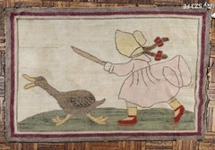 Antique American Hooked Rug 19th C. with girl & duck. On Jute Foundation
