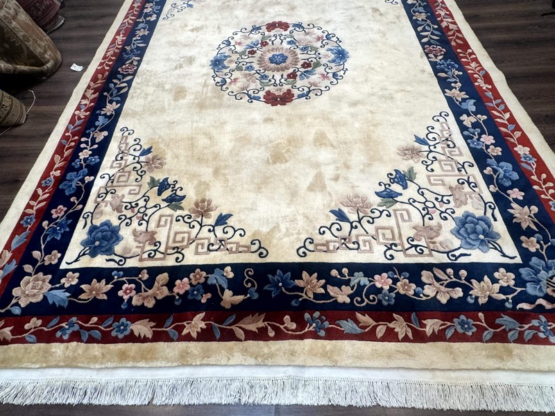 Chinese Rug 10x14 – Cream and Navy, 90 Line Vintage Wool Carpet gallery
