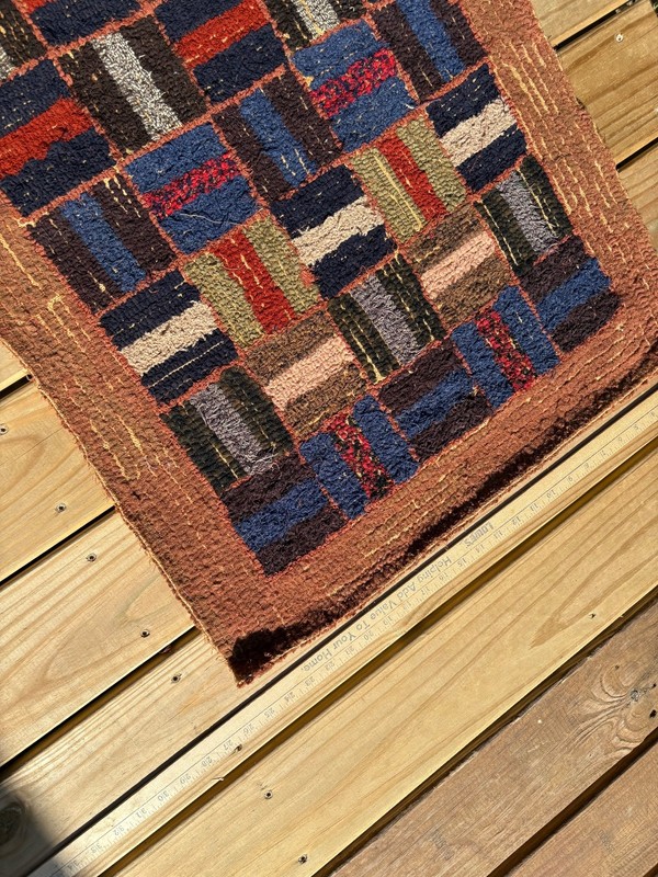 Vintage Bars in Squares Geometric American Hooked Rug 46'' X 25'' Antique 1940's gallery