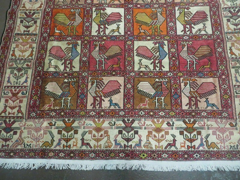 Semi Antique Russian Soumak Rug 4x6, Silk & Wool, Roosters, Panel Design, Rare gallery