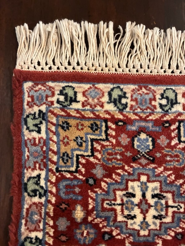 Vintage Virgin Wool Rug 19" x 12" Capel Salesman Sample Prayer 2" Fringed Edge gallery