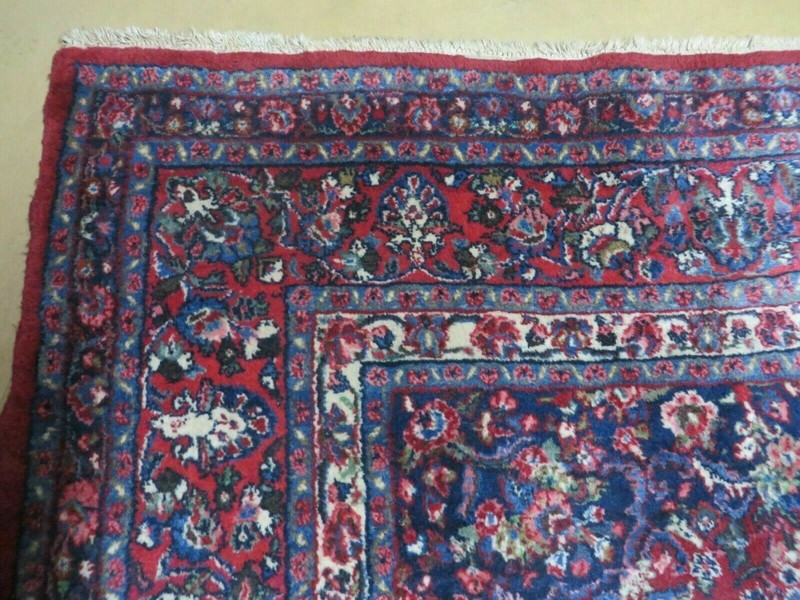 Antique 9x12 Oriental Rug Semi Open Field Medallion Ivory Red Blue Handmade Wool gallery