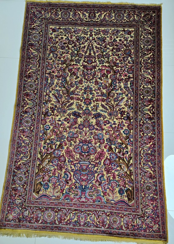 Rare Genuine Antique Silk Kashaan Souf Rug 3D Weave With Metal Threads gallery