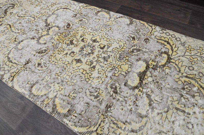Vintage Turkish Runner Rug 2x7ft BEIGE Handmade Anatolian Oushak Hallway Wool gallery