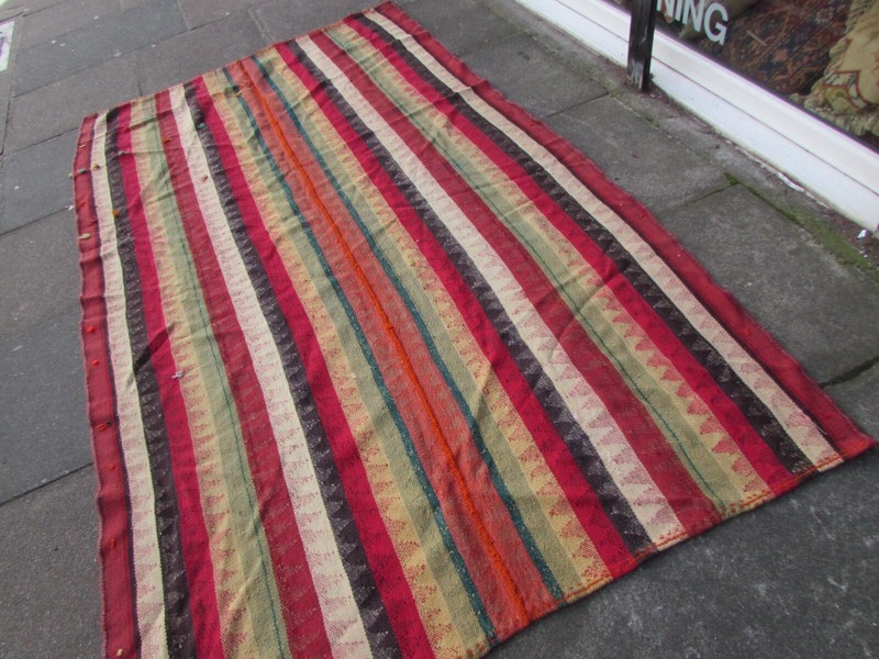 Vintage Tribal Nomadic Hand Made Oriental Orange Red Wool Mojj Kilim 265x150cm gallery