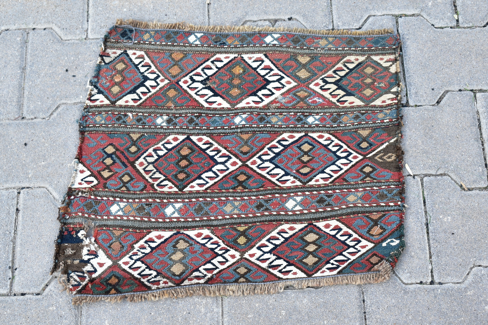 Caucasian Rug 19''x16'' +100 Age ANTIQUE Fragment Sumak Kilim 50x43cm gallery