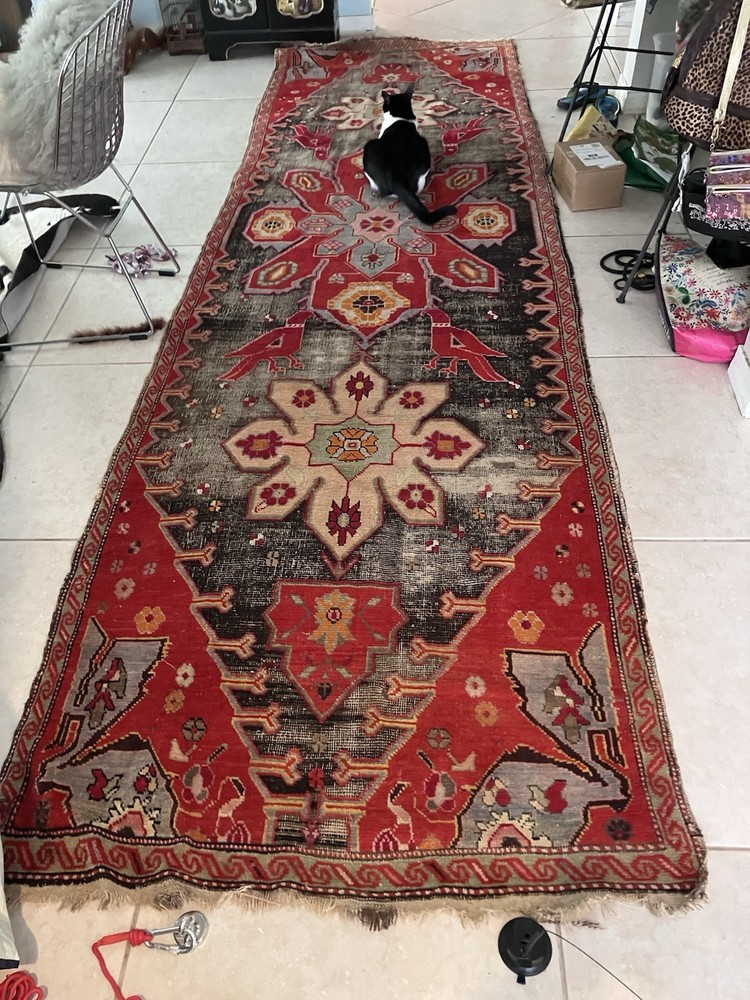 Antique Caucasion Lampa Karabagh Rug Runner 12’ X 3' 9” Wool Doves Early 20th