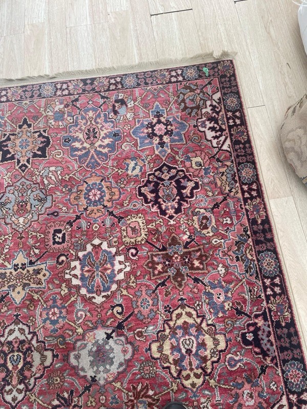 Vintage Karatan Geometric Rug 4x6 Rose Red Allover Star Medallion Navy Blue Wool gallery