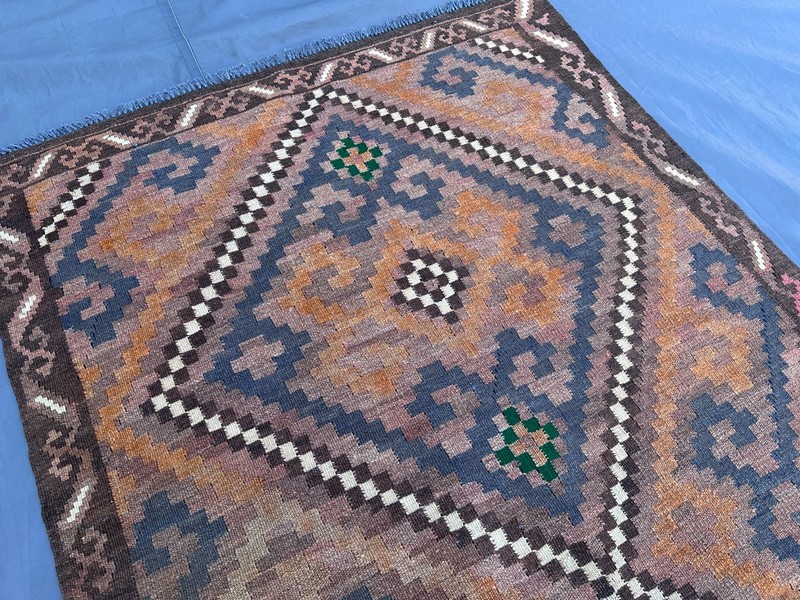 Vintage Terracotta Faded Kilim Rug Wool Geometric Tribal Handmade Kitchen Rug gallery
