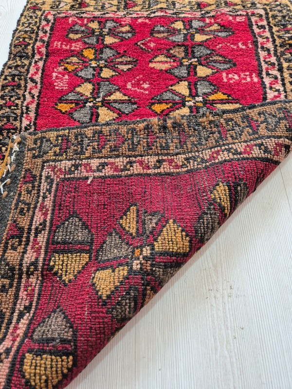 Antique Rug Pillow, Hand Woven Small Carpet, Handmade, Wool, Anatolian,1951 gallery