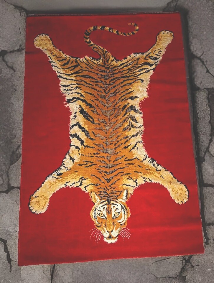 Mid-Century Belgian Moroccan Style Faux Taxidermy Bengal Tiger Red Area Rug VTG gallery