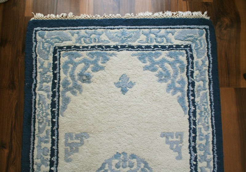 Chinese Peking Style Rug, Blue and White, 1960's , Handmade in India gallery