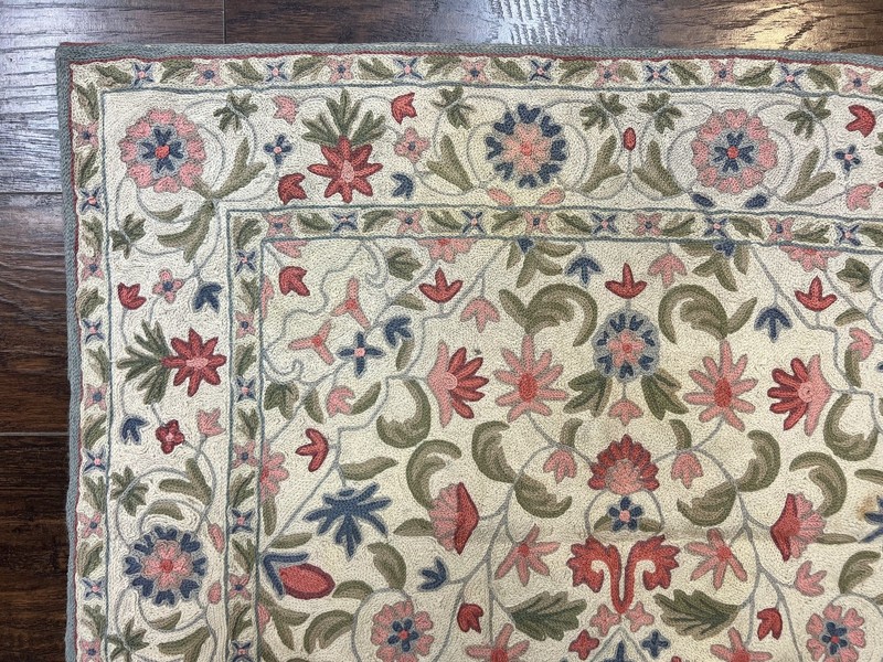 Hand Stitched Indian Rug 4x5, Floral, Vintage Hand Embroidered Rug gallery
