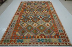 7×10 ft Orange Afghan Hand Woven Wool Reversible Kilim Rug 6’6″x9’4″