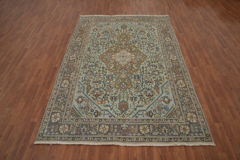 Mint Green Wool Traditional Distressed Area Rug 7x10 ft Hand-knotted Vintage Rug gallery