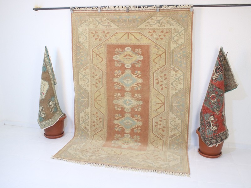 Vintage Hand Knotted Area Rug Red Beige Cream Distressed Wool Carpet 5x8 ft gallery