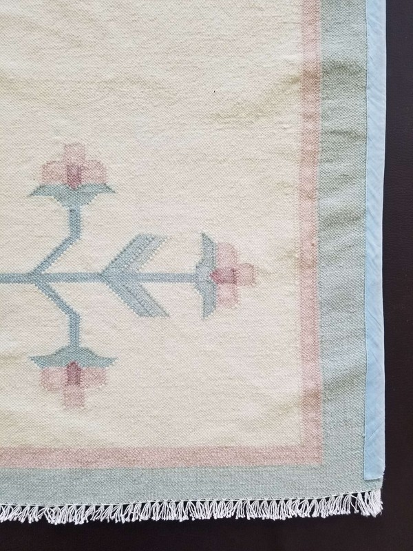 Fine Vintage Traditional Hand Made Oriental Wool Beige Cyan Kilim 227x150cms gallery