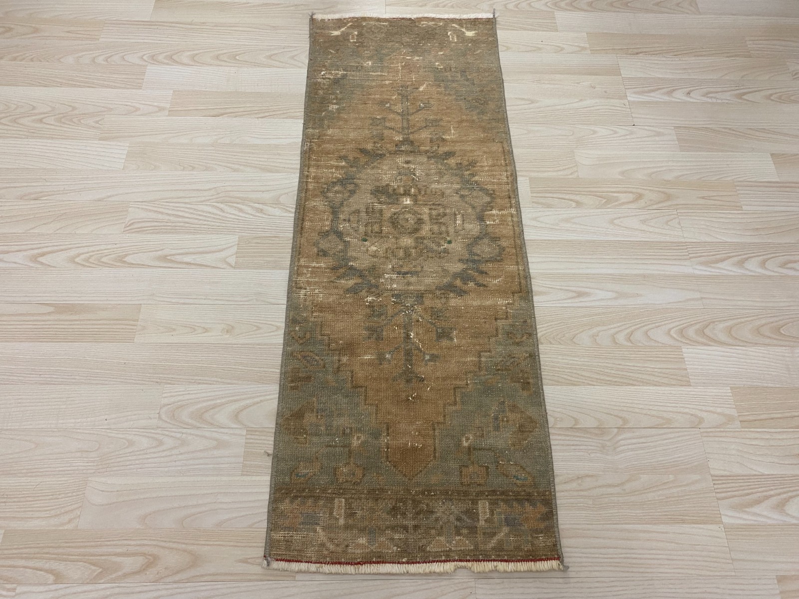 Vintage Handwoven Turkish Small Rug 1.3x3.4 ft Wool Distressed Neutral Carpet gallery