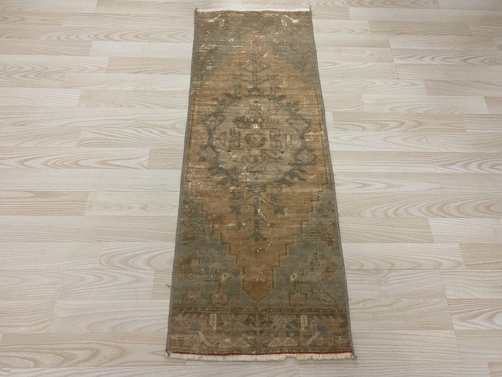 Vintage Handwoven Turkish Small Rug 1.3x3.4 ft Wool Distressed Neutral Carpet