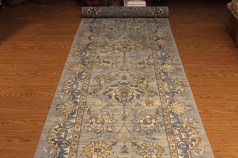 19 FT. Fine Quality Handmade Hall Runner gray, blue, green, beige, steal blue gallery