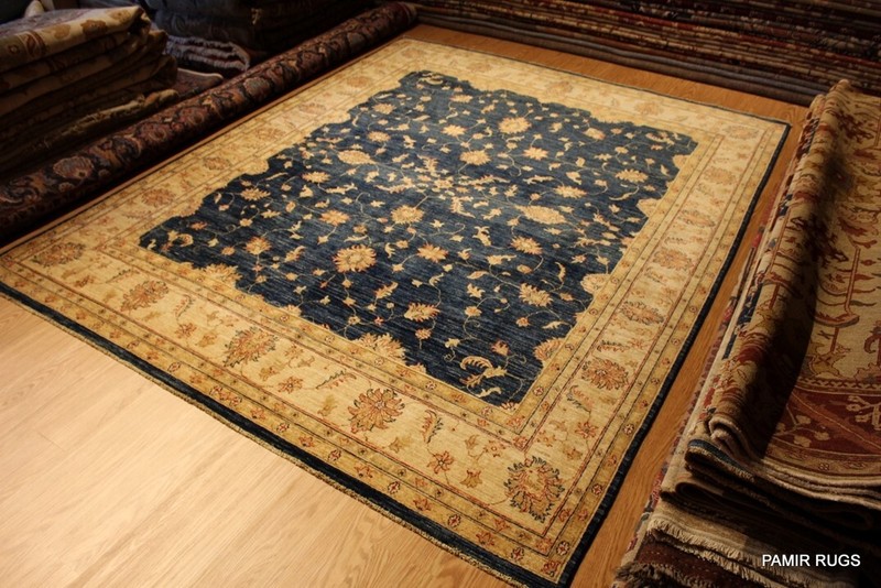 _HANDMADE_BLUE_RUG_8' x 10' vegetable dye Navy Royal Blue, Light Beige Gold gallery