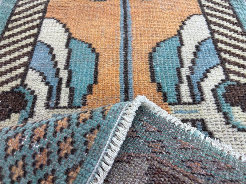 2x5 Copper & Turquoise Vintage Turkish Hallway Runner, Hand-Knotted Wool Rug gallery
